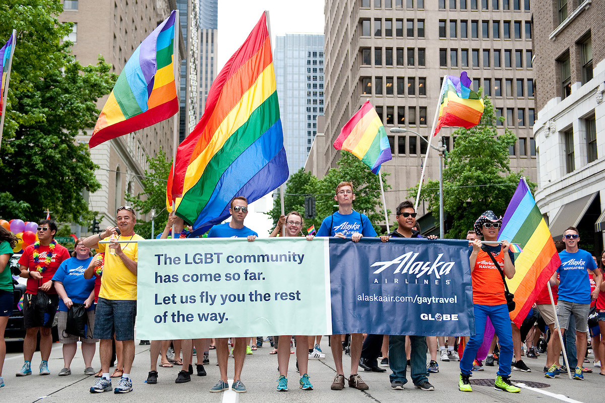 Alaska Airlines marching in the 2015 Seattle Pride Parade. Photo courtesy of Alaska Airlines.